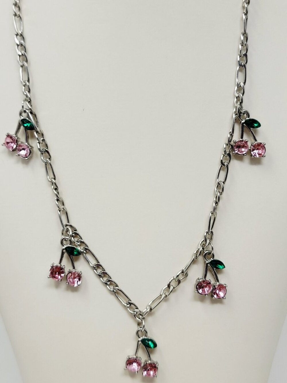 Silver Tone Pink Cherry Charm Necklace Y2K Cute Kawaii Style Necklace